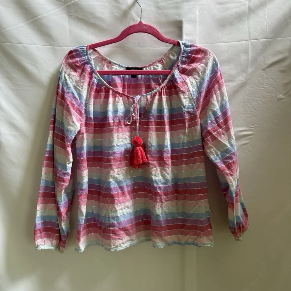 J. Crew Jack Metallic Stripe Peasant Top Tassel Tie Neckline Rainbow M Pastel
